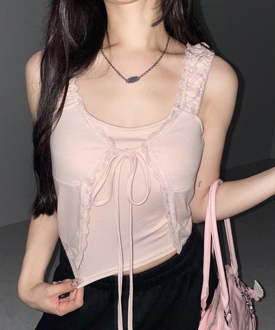 フロントリボンレイヤードリブキャミタンク ／ front ribbon layered lib camisole tank