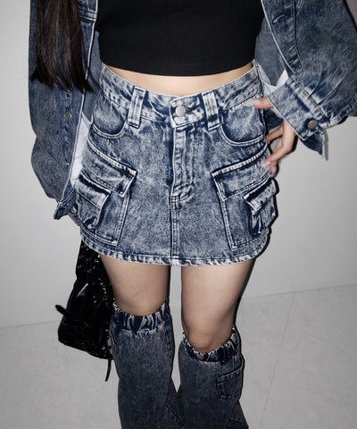 【 デニムセットアップ着用可能 】ヴィンテージケミカルブリーチカーゴデニムミニスカパン ／ vintage chemical bleach cargo denim mini skirt pants