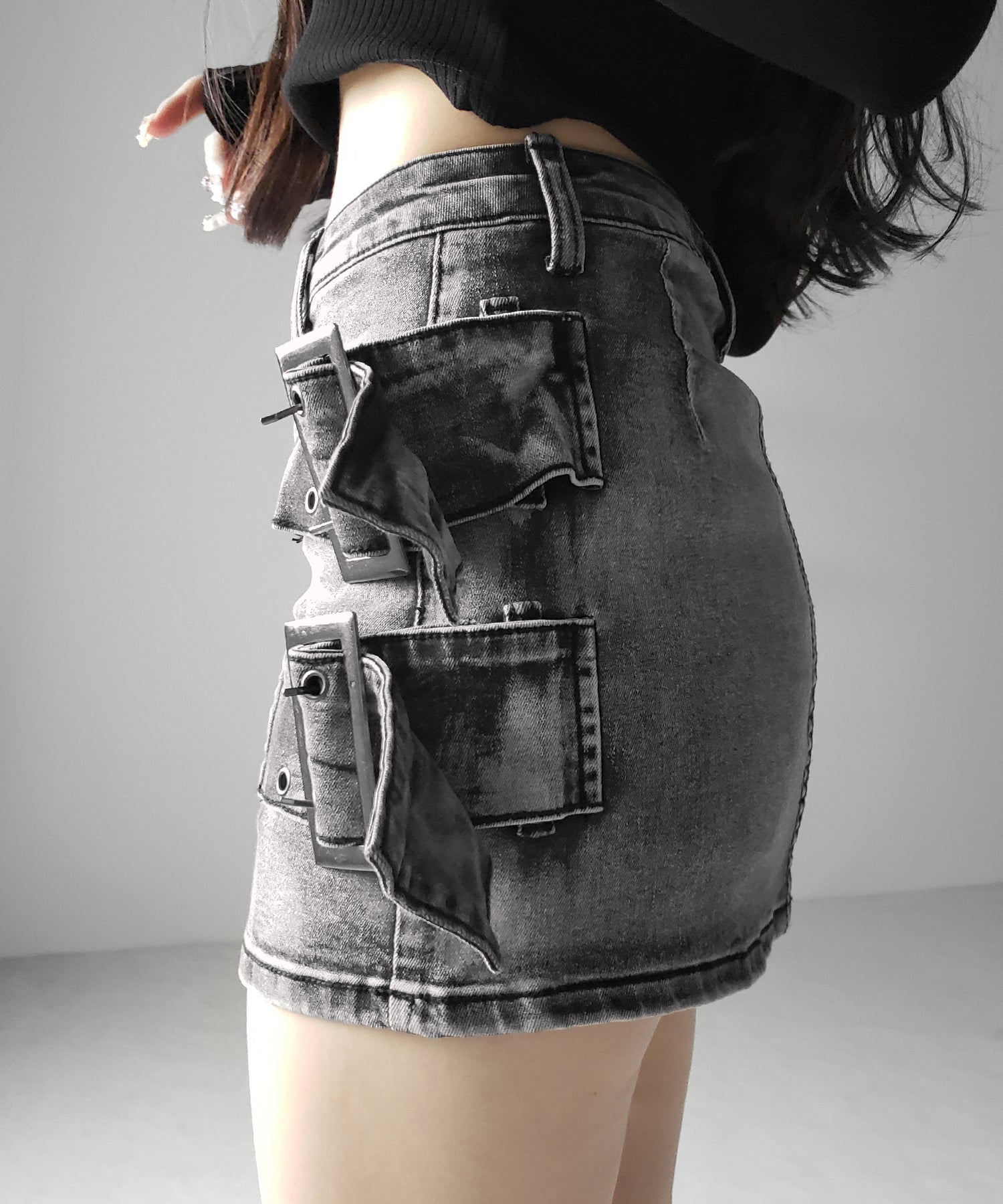 【 インパン裏地付 】ダブルハトメベルトヴィンテージデニムミニスカート ／ Double eyelet belt vintage denim mini skirt