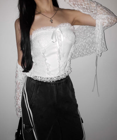 フロントリボンレースフリルコルセットベアトップ ／ front ribbon lace frill corset bare top