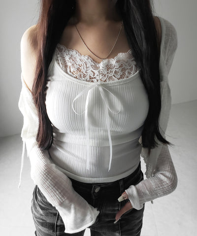 【 ３color ／ カップ付き 】フロントリボンレースドッキングキャミソール ／front ribbon lace docking camisole