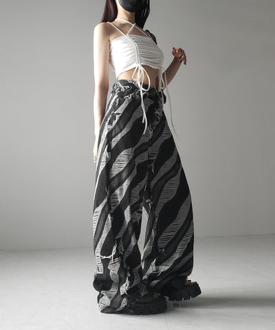 【 ２color ／ ４size 】バイカラーカットフリンジダメージワイドデニム ／ bicolor cut fringe damaged wide denim