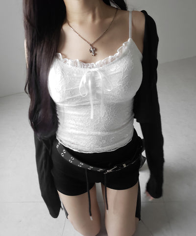 【 ２color 】フロントリボンレースレイヤードキャミソール ／ front ribbon lace layered camisole
