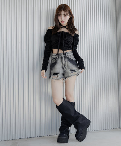 【 ２点セット 】シャギーリボンベアトップス ＆ ショートシャギーカーディガン SET ／ Shaggy ribbon bare tops & short shaggy cardigan
