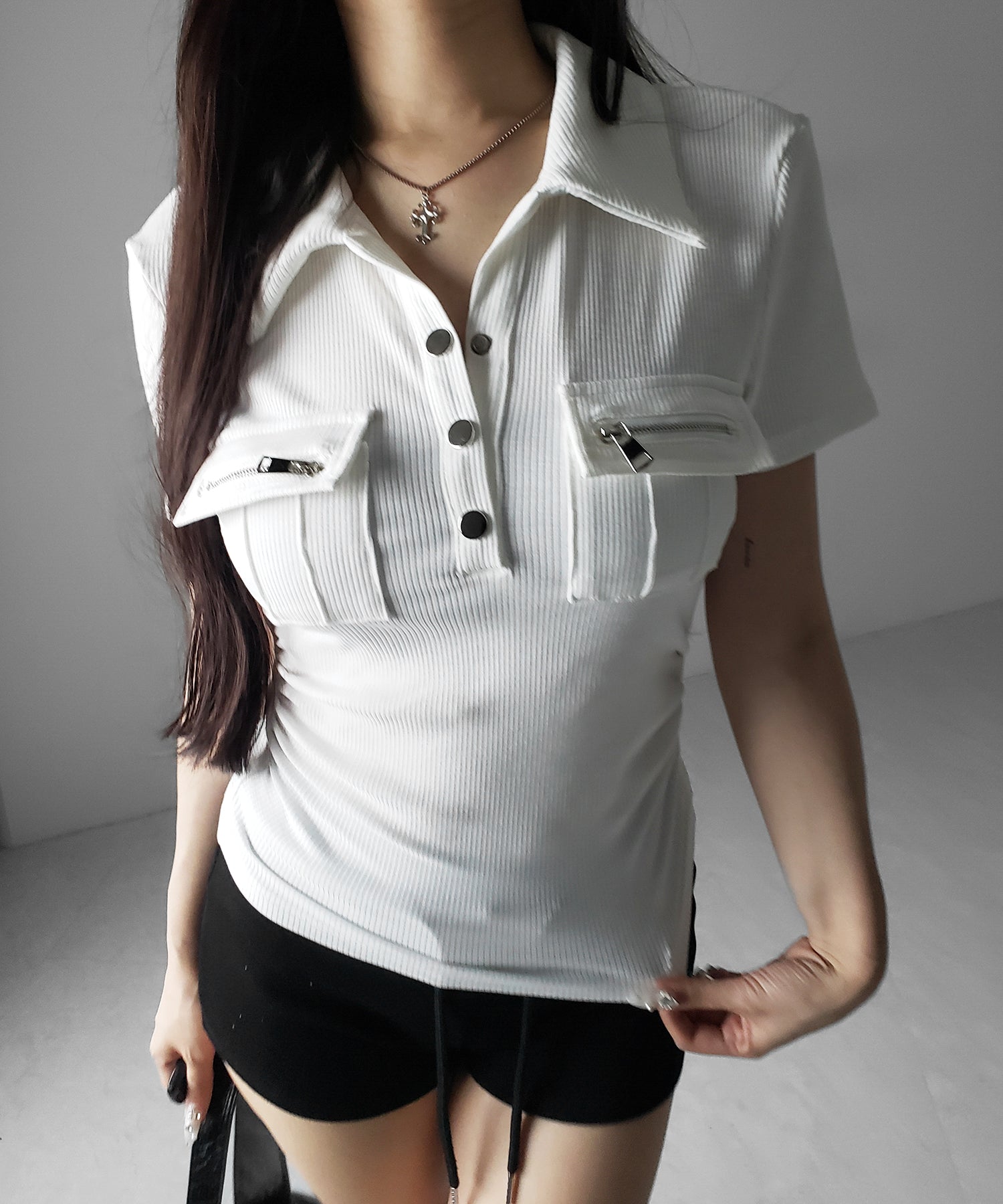 アウトポケットポロネックリブカットソートップス ／ out pocket polo neck rib cutsew tops