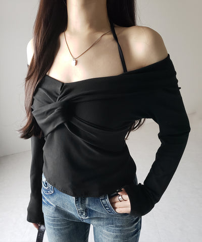 【 ２color 】クロスギャザーオフショルカットソートップス ／ cross gather off shoulder cutsew tops