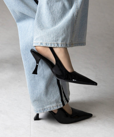 【 ２color 】ポインテッドトゥチャンキーヒールメタリックミュール ／ pointed toe chunky heel metallic mules