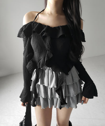 【 ２color 】クロスストラップリボンオフショルダーフリルブラウス ／ cross strap ribbon off shoulder frill blouse