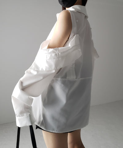 【 ３color 】オープンショルダーカットアウトビッグシャツ ／ open shoulder cutout big shirt