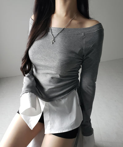 【 ２color ／ ２WAY 】シャツドッキングサイドリボンワンショルトップス ／shirt docking side ribbon oneshoulder tops