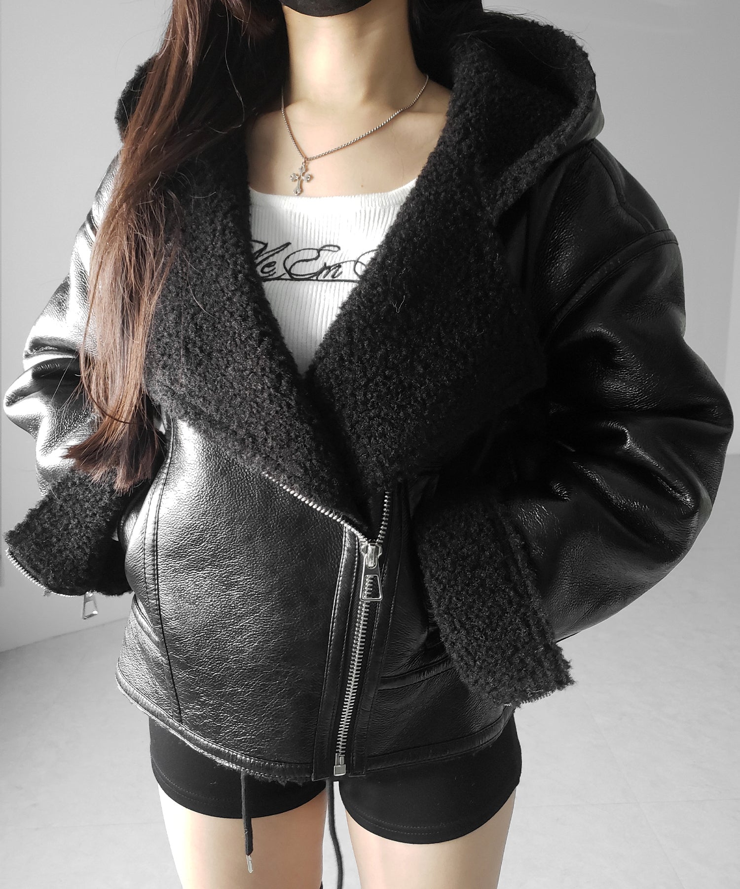 ヴィンテージレザーフーディボアムートンジャケット ／ vintage leather hoodie boa mouton jacket