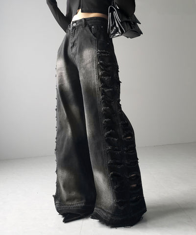 【 ４size 】ヘビークラッシュサイドダメージブラックヴィンテージデニム ／ heavy crush side damage black vintage denim
