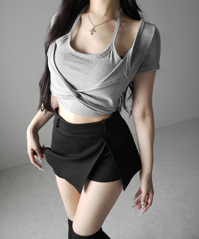 ホルターネックレイヤードショートぴちＴシャツ ／ halter neck layered short pichi T-shirts