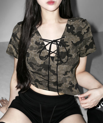 ヴィンテージカモフラレースアップショートＴシャツ　／ Vintage camouflage lace-up short T-shirt