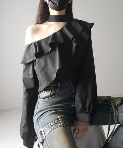 【 ２color 】チョーカーフリルワンショルダーブラウス ／ choker frill one shoulder blouse