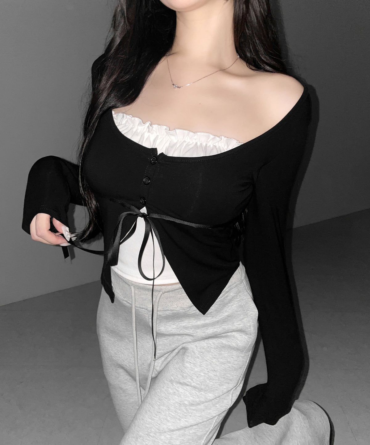 フリルレイヤードリボンカーディガントップス ／ frill layered ribbon cardigan tops