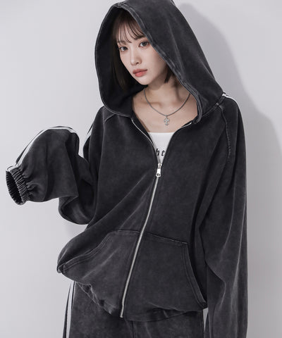ピグメントヴィンテージ加工サイドラインジップアップパーカー ／ Pigment vintage side line zip-up hoodie