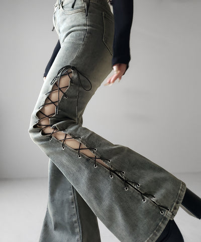 レースアップカットアウトストレッチフレアデニム ／ lace up cutout stretch flare denim