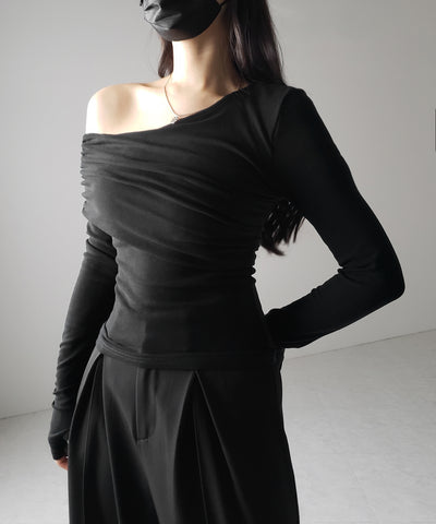 【 ２color ／ 裏起毛 】ワンショルダードレープギャザースリムトップス ／ One-shoulder draped gather slim tops
