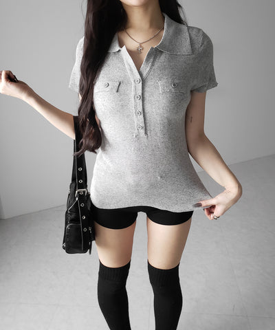 スキッパーボタンロングシアーニットトップス ／ skipper button long sheer knit tops