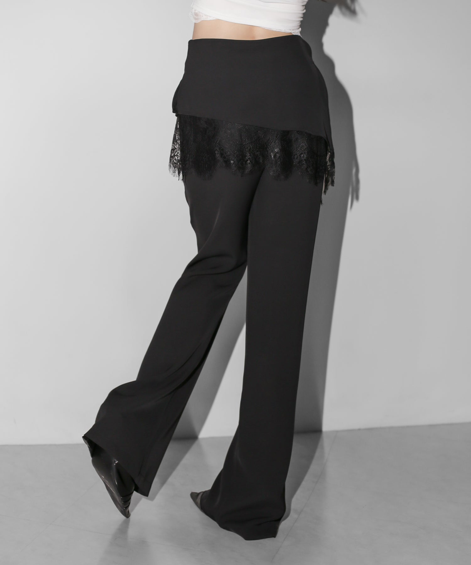 【３size 】レースレイヤードサイドリボンラップフレアスラックス ／ lace layered side ribbon wrap flare slacks