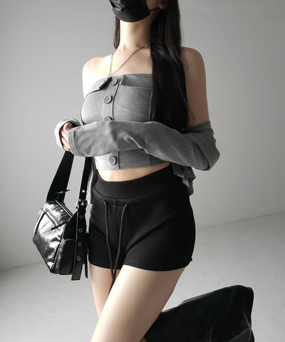 【 2点セット 】フロントボタンベアトップ ＋ クロップドカットソーカーディガン SET ／ front button bare top + cropped cutsaw cardigan SET
