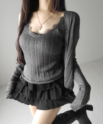 【 ２点セット 】レースニットキャミソール ＋ シアーニットカーディガン SET ／ lace knit camisole + sheer knit cardigan SET