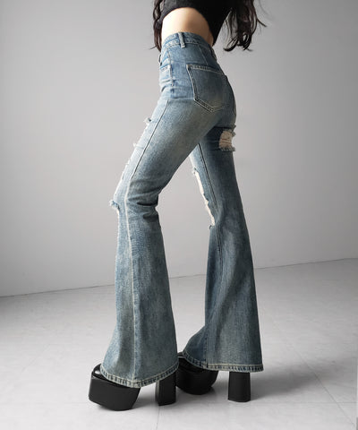 クラッシュダメージヴィンテージフレアデニム ／ crush damage vintage flare denim