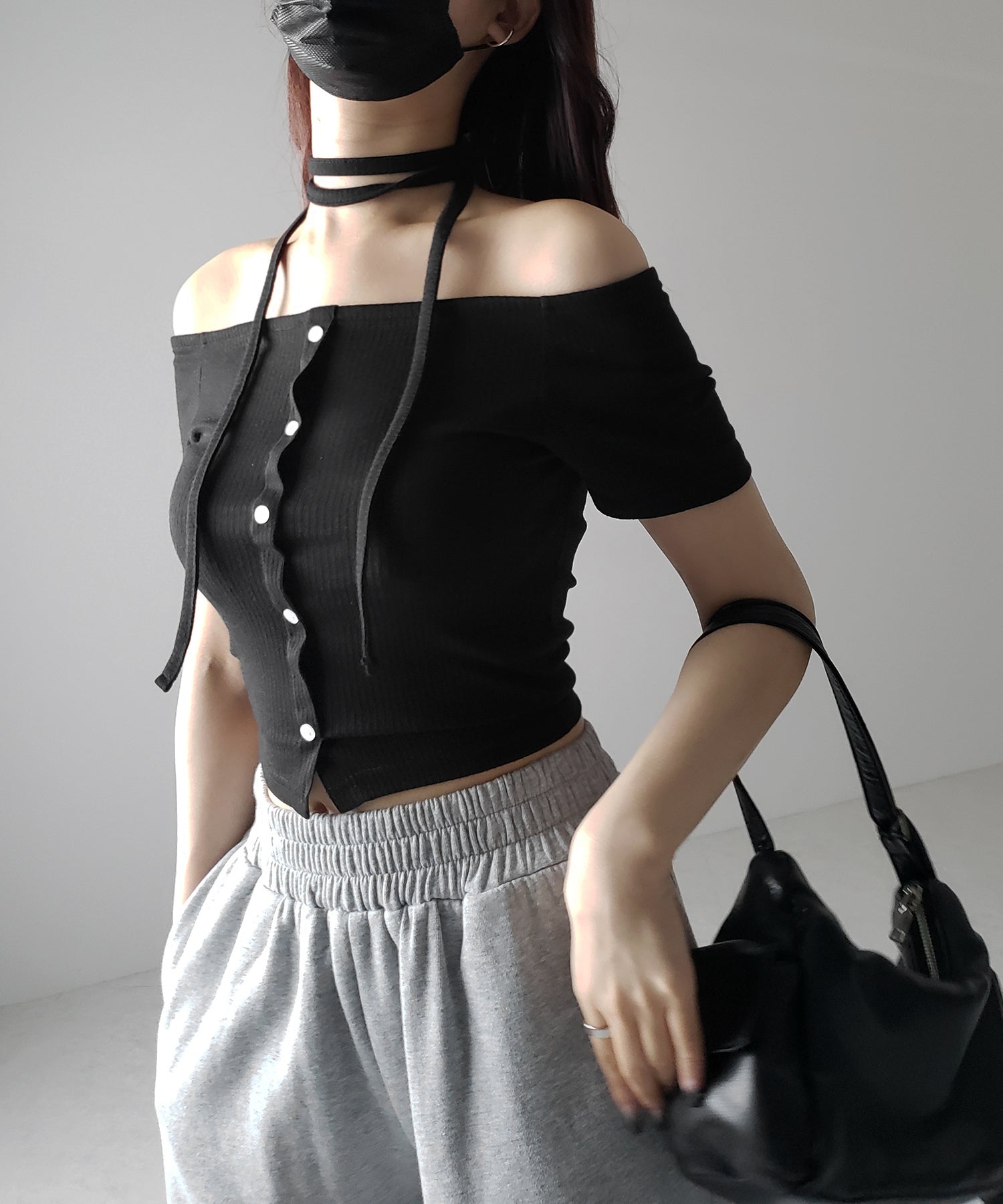 【 ２WAY 】ストラップリボンオフショルダーリブトップス ／ strap ribbon off shoulder rib tops