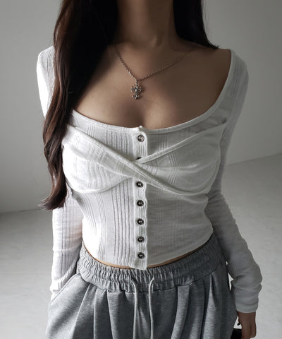 【 ３color 】フロントボタンオープンネックリブカットソートップス ／ front button open neck ribbed cutsew tops
