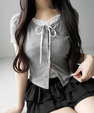 フロントリボンレースレイヤード半袖リブトップス ／front ribbon lace layered short sleeve rib tops