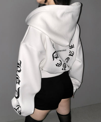 グランジロゴダブルジップショートパーカー ／ grunge logo double zip short hoodie