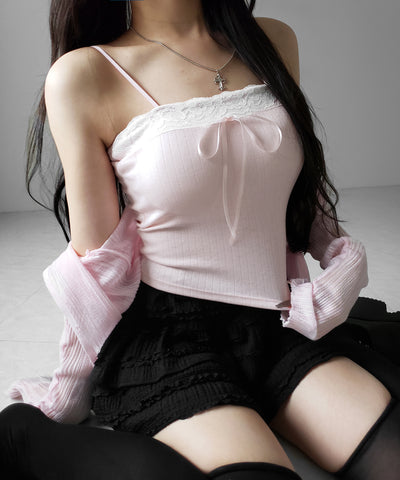 フロントリボンレースショートキャミソール ／ front ribbon lace short camisole