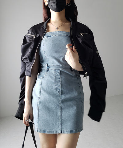 【 ２color 】ウォッシュデニムハイウエストミニキャミワンピース ／ wash denim high waist mini cami onepiece