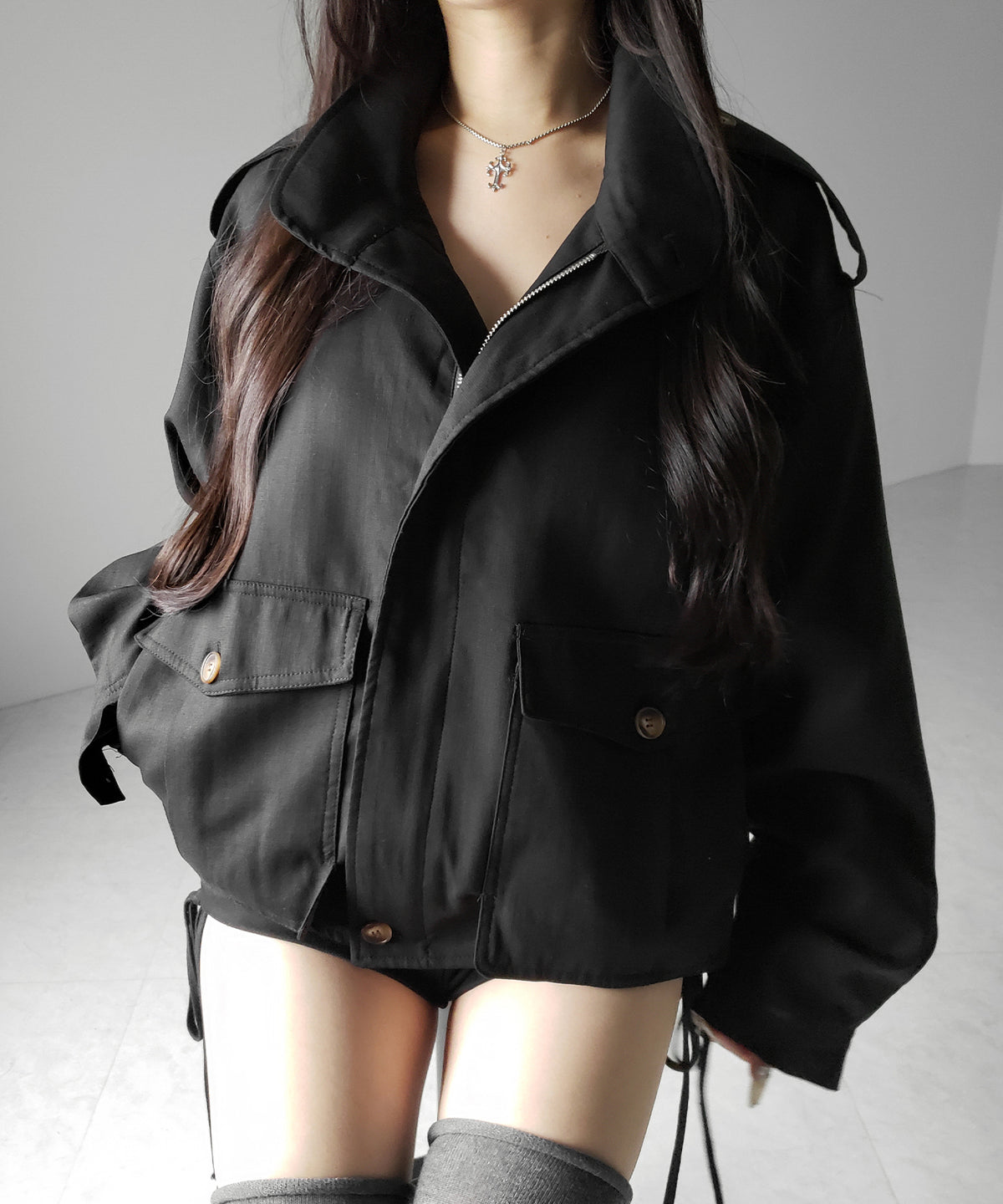 スタンドカラーオーバーショートトレンチコート ／ stand collar over short trench coat