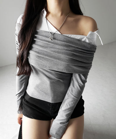 【 ２color 】シャツドッキングワイドオフショルトップス ／ shirt docking wide off shoulder tops