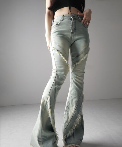 【 ２color ／ ４size 】フリンジデザインヴィンテージライクストレッチフレアデニム ／ fringe design vintage-like stretch flare denim