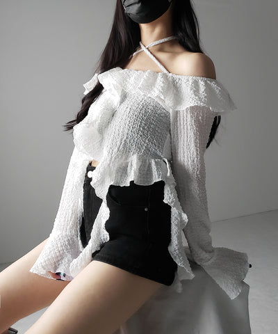 【 ２color 】クロスストラップリボンオフショルダーフリルブラウス ／ cross strap ribbon off shoulder frill blouse