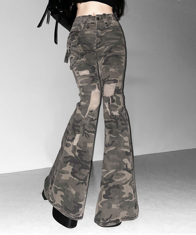 ヴィンテージカモフラ迷彩ダメージフレアデニムパンツ ／ vintage camouflage damage flared denim pants