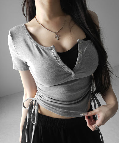 【 ２点セット 】ヘンリーネックサイドリボン半袖ぴちＴシャツ ／ Henley neck side ribbon short-sleeve pichi T-shirt