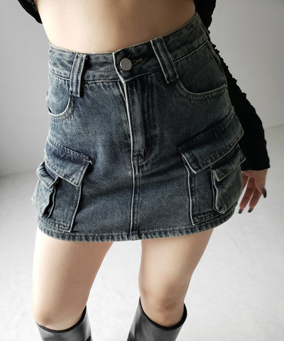 【 ３size ／ ２color 】ダブルポケットヴィンテージカーゴデニムミニスカパン ／ double pocket vintage cargo denim mini skirt pants