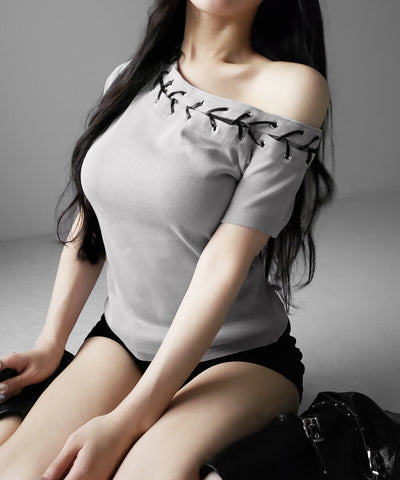 ヴィンテージカットアウトレースアップ半袖ワンショルリブトップス ／ vintage cutout laceup short sleeve one shoulder lib tops