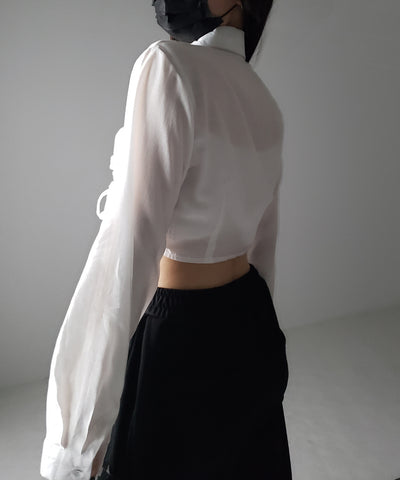 【 ３color 】ダブルリボンシャーリングショートシアーシャツ ／ double shirring ribbon short sheer shirts