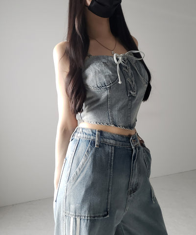 【 ２color 】レースアップリボンコルセットデニムビスチェ ／ lace up ribbon corset denim bustier