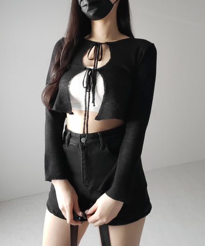 【 ２color 】ダブルリボンシアーニットショートカーディガン ／ double ribbon sheer knit short cardigan