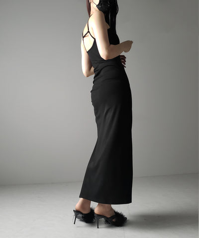 【 パッド付き 】バックストラップサイドシャーリングスリットロングキャミワンピース ／ back strap side shirring slit long cami onepiece