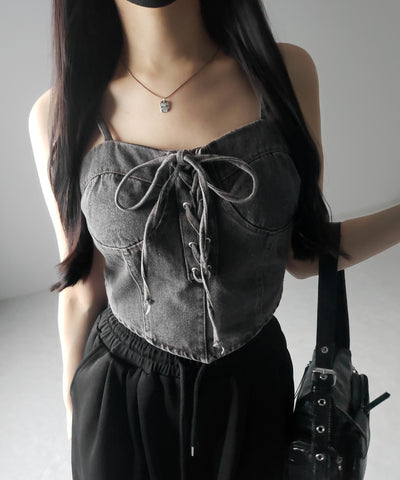 【 ２color 】レースアップリボンコルセットデニムビスチェ ／ lace up ribbon corset denim bustier