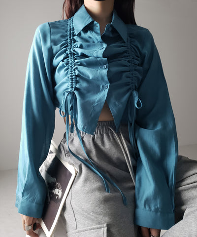 【 ３color 】ダブルリボンシャーリングショートシアーシャツ ／ double shirring ribbon short sheer shirts