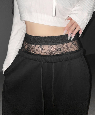 ウエストレースレイヤードスウェットパンツ ／ waist lace layered sweat pants