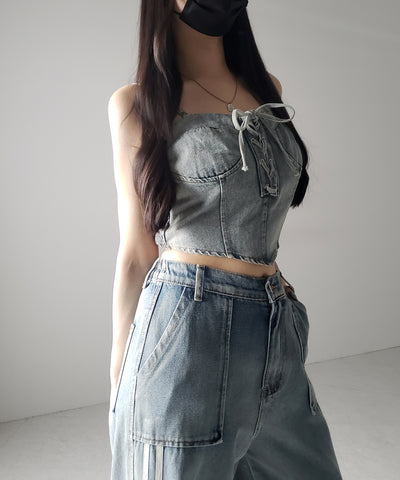 【 ２color 】レースアップリボンコルセットデニムビスチェ ／ lace up ribbon corset denim bustier